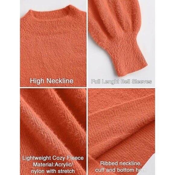 Women's Casual Turtleneck Long Puff Sleeve Soft Fuzzy Mini Dress Orange Medium - Picture 5 of 8